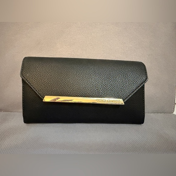 Vince Camuto Black Pebbled Leather Wallet with Gold Accent - Picture 1 of 6